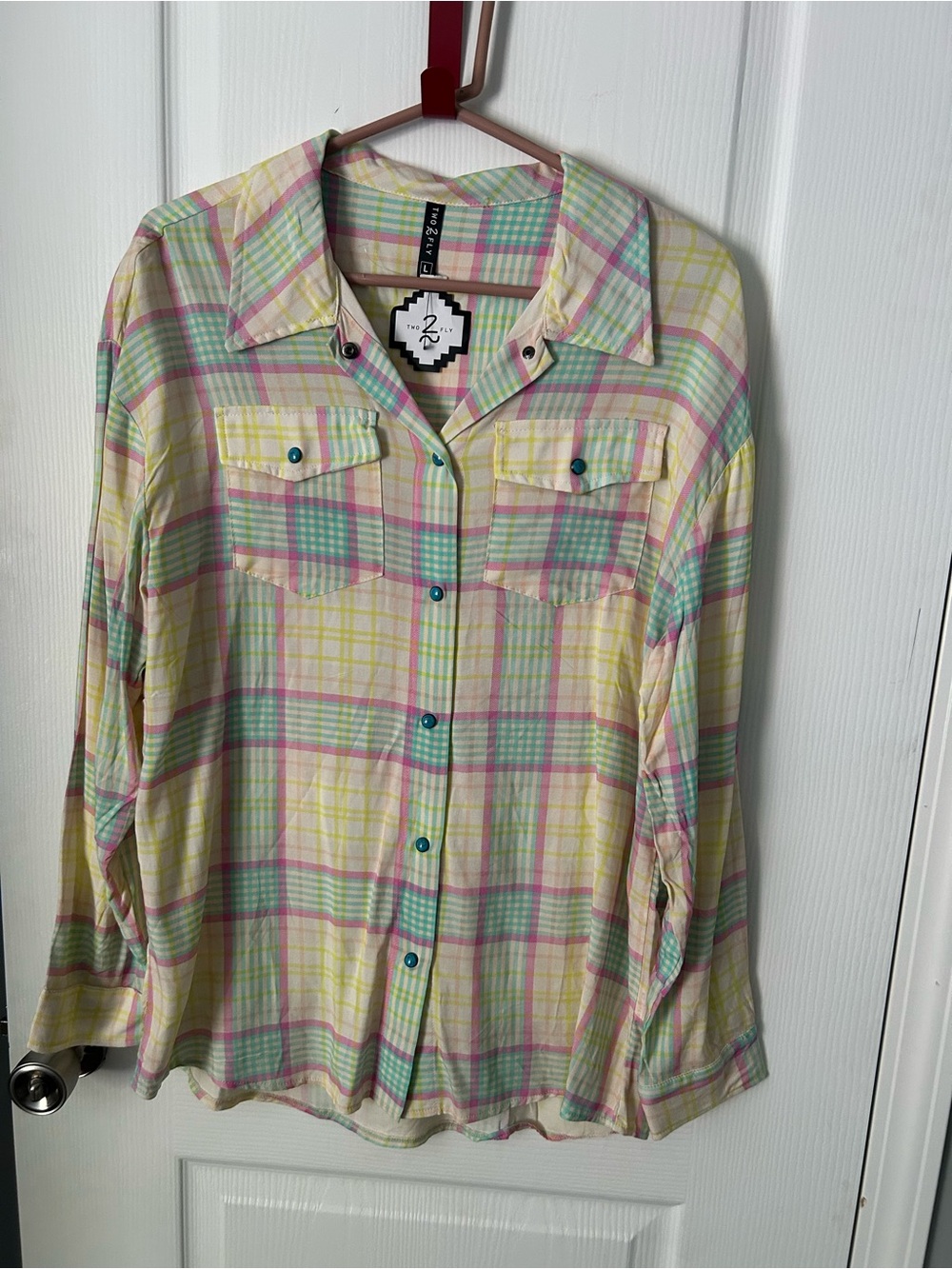Pastel Plaid Button-Up Shirt - Yellow, Pink & Mint
